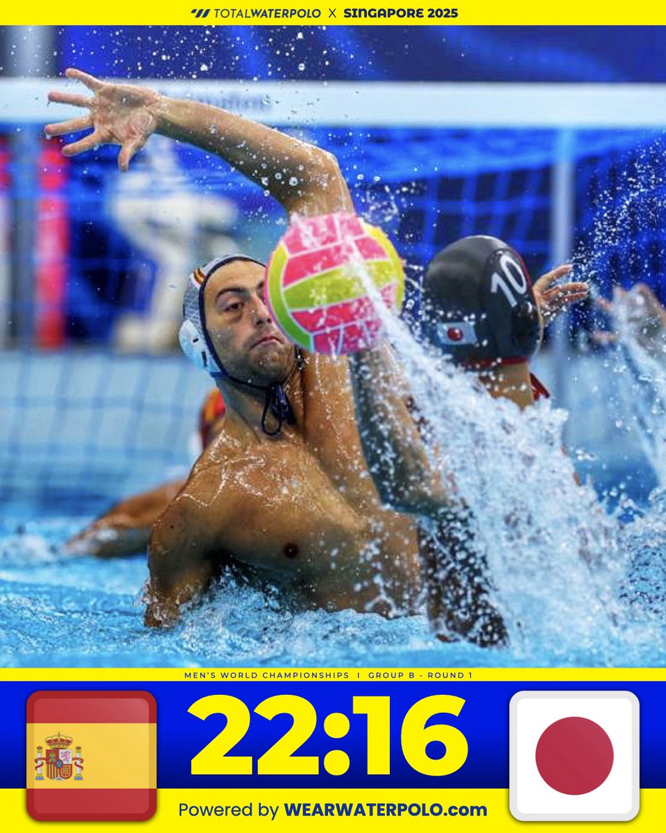 Plenty of fireworks in this high-scoring clash — Spain outguns Japan 22:16 in Group B.

total-waterpolo.com/world-champion…

Photo by @mtbphotonl
#singapore2025 #waterpolo #vizilabda #pallanuoto #wasserball #vaterpolo #vaterpolo