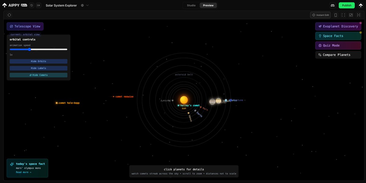 aippyzappy's tweet image. MIND-BLOWING! 🤯How long does it take to code a Solar System App? The answer is... 10 minutes without coding?! 
For the day 11/30 of my #NoCodeVibes challenge, while I was still just thinking about the requirements, @aippyai AI had already generated the core features! From a