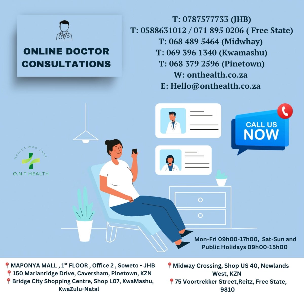 MedicsWhoCare's tweet image. We at O.N.T Health are always ready to help you from the comfort of your own home. Just call us or send us an email, and we’ll be happy to attend to all your medical needs! 😊 💚
By . Dr. O.N Vilakazi @OlwethuVilakazi