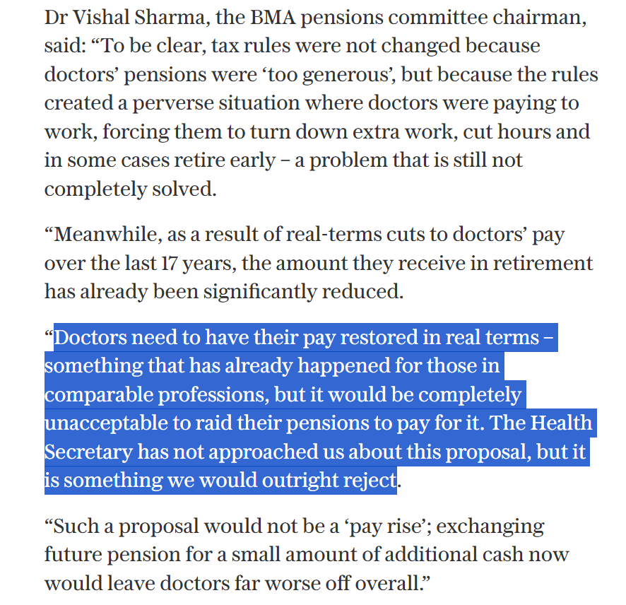 The <a href="/BMA_Pensions/">BMA Pensions Committee</a> position on raiding our pension to fund pay rises is crystal clear 👇

"it would be completely unacceptable to raid their pensions to pay for [pay rises]. The SoS has not approached us about this proposal, but it is something we would outright reject
