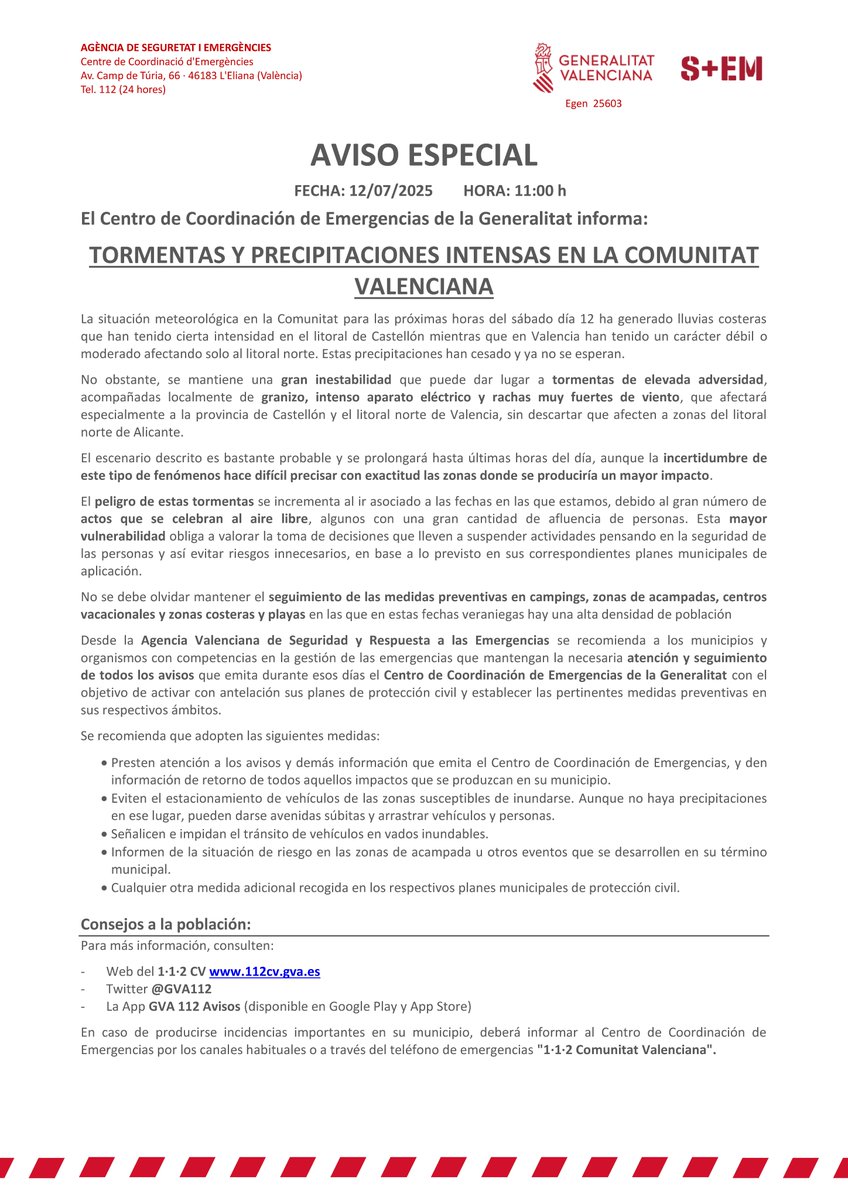 Emergències 112CV (@gva112) on Twitter photo (11:20 h) 🚨El Centro de Coordinación de Emergencias de la <a href="/generalitat/">Generalitat</a> emite un nuevo aviso especial sobre el episodio de tormentas y lluvias intensas previsto para hoy 12/07.
⛈️Sigue activa una gran inestabilidad que puede dar lugar a tormentas, con posible granizo, intenso (11:20 h) 🚨El Centro de Coordinación de Emergencias de la <a href="/generalitat/">Generalitat</a> emite un nuevo aviso especial sobre el episodio de tormentas y lluvias intensas previsto para hoy 12/07.
⛈️Sigue activa una gran inestabilidad que puede dar lugar a tormentas, con posible granizo, intenso