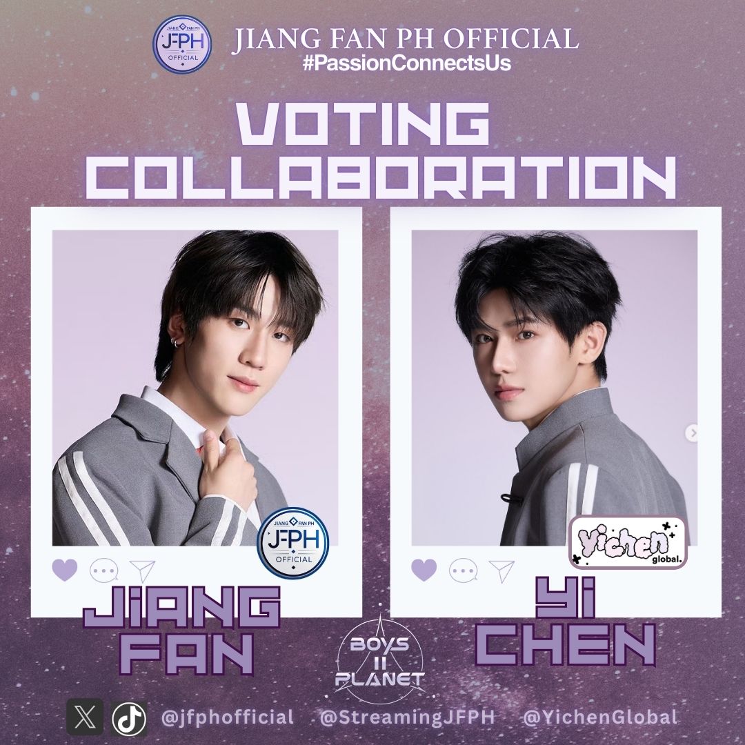 jfphofficial's tweet photo. 📣Voting Collaboration Alert!

Jiang Fan PH Official  x Yichen Global unite to support our boys in BOYS II PLANET

Let’s vote strong, together! 💙🩵

#JiangFan #Yichen #BOYS2PLANET #VotingCollaboration
@StreamingJFPH @jfantasy519 https://t.co/d2DDHULLYK
