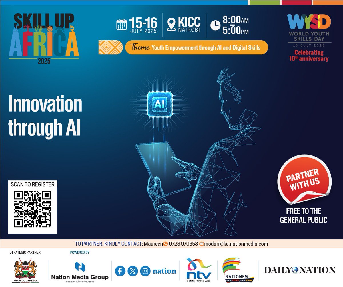 Cheki, the biggest event for young people is going down! We're celebrating the 10th Anniversary of World Youth Skills Day, and you're invited!

Skill Up Africa 2025 is happening on 15th &amp; 16th July 2025 at KICC, Nairobi, from 8:00 AM to 5:00 PM daily. This is your chance to get