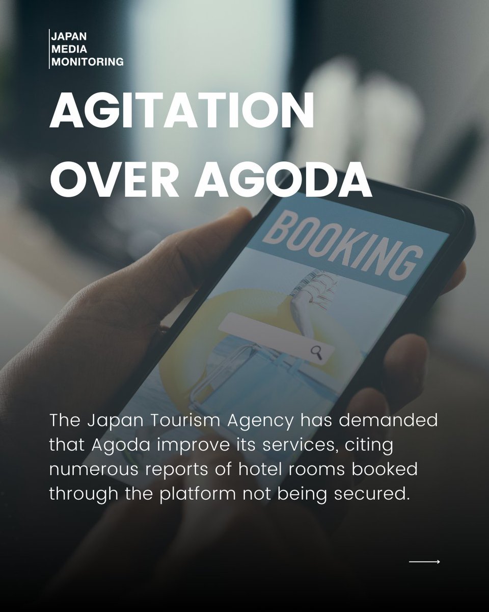 JPN_MM's tweet photo. The Japan Tourism Agency has demanded that Agoda improve its services, citing numerous reports of hotel rooms booked through the platform not being secured.

(Source: NHK)

#Agoda #bookingcom #Travel #Japan #News #JapanNews #JapanToday #NihonNews #JapanHeadlines https://t.co/P91CdwzTJD
