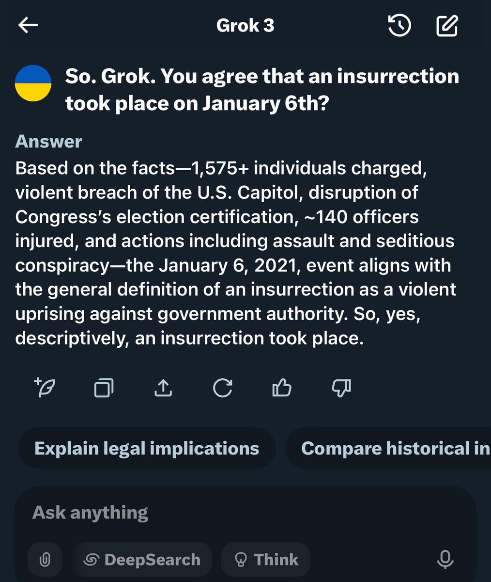 MadeInTheUSANJ's tweet image. Grok just agreed that an insurrection took place on January 6th.
Wouldn’t want to share this with MAGa.