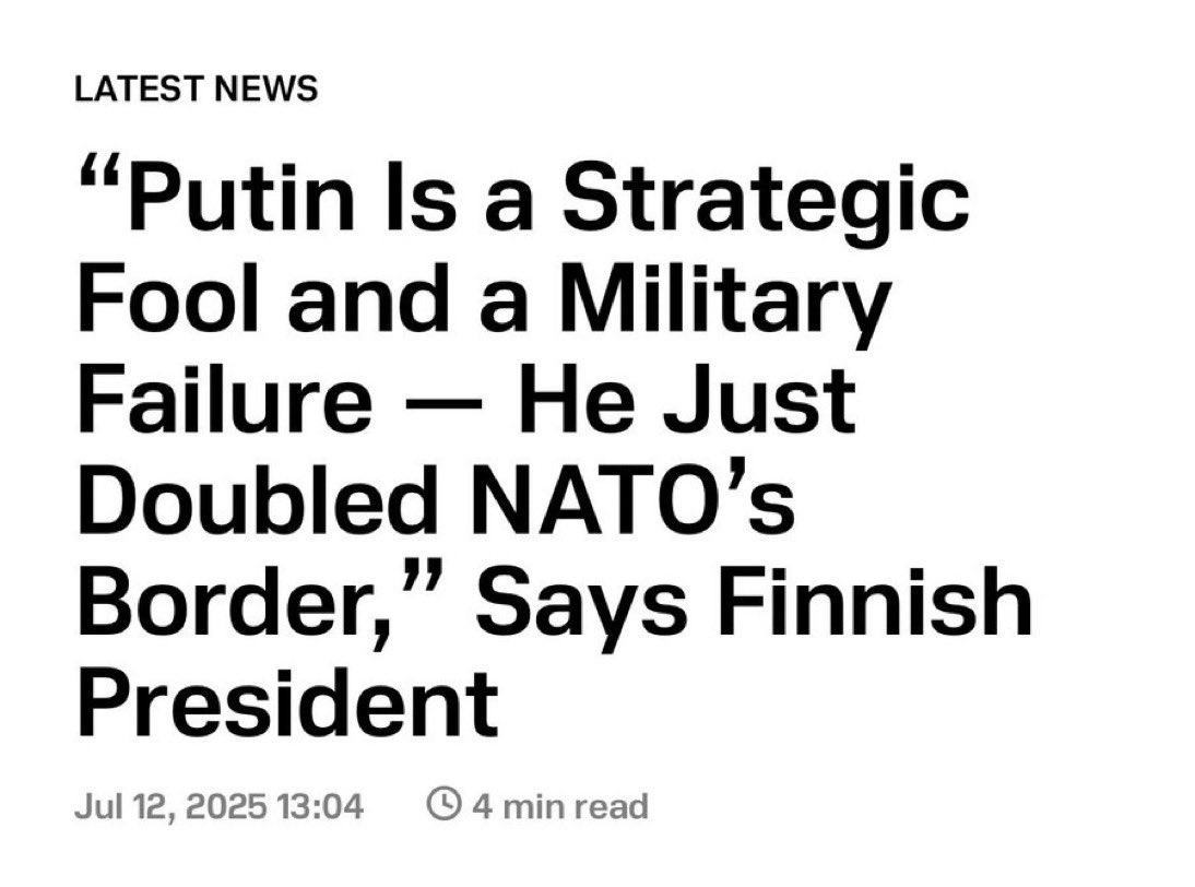 Putin isn’t playing 4D chess, he’s blundered on every front. He misjudged Ukraine’s resistance, underestimated Europe’s resolve, lost a decade-long grip in the Middle East, dominance in the Black Sea, and sacrificed over a million Russians chasing an imperialist fantasy.

PUTIN
