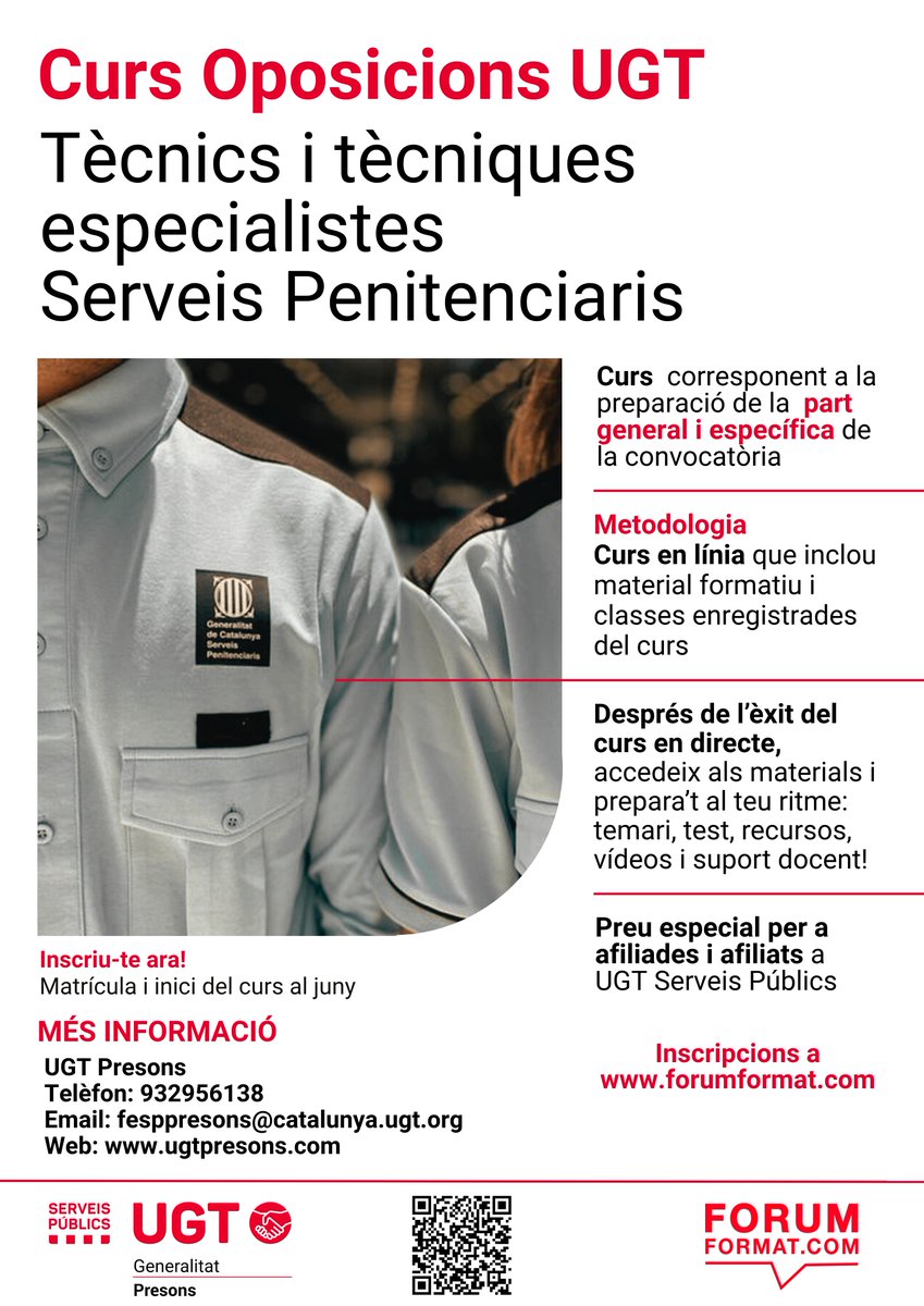 𝗢𝗽𝗼𝘀𝗶𝗰𝗶𝗼𝗻𝘀 𝗦𝗲𝗿𝘃𝗲𝗶𝘀 𝗣𝗲𝗻𝗶𝘁𝗲𝗻𝗰𝗶𝗮𝗿𝗶𝘀 𝗖𝗮𝘁𝗮𝗹𝘂𝗻𝘆𝗮 𝗨𝗚𝗧
🎯 Preparat amb UGT!
📚 Curs en línia amb temari, vídeos i suport docent.
📆 Matrícula oberta a partir de juny!
🔗 Inscripció: f.mtr.cool/mtptuyvsxn
+ INFO: fesppresons@catalunya.ugt.org