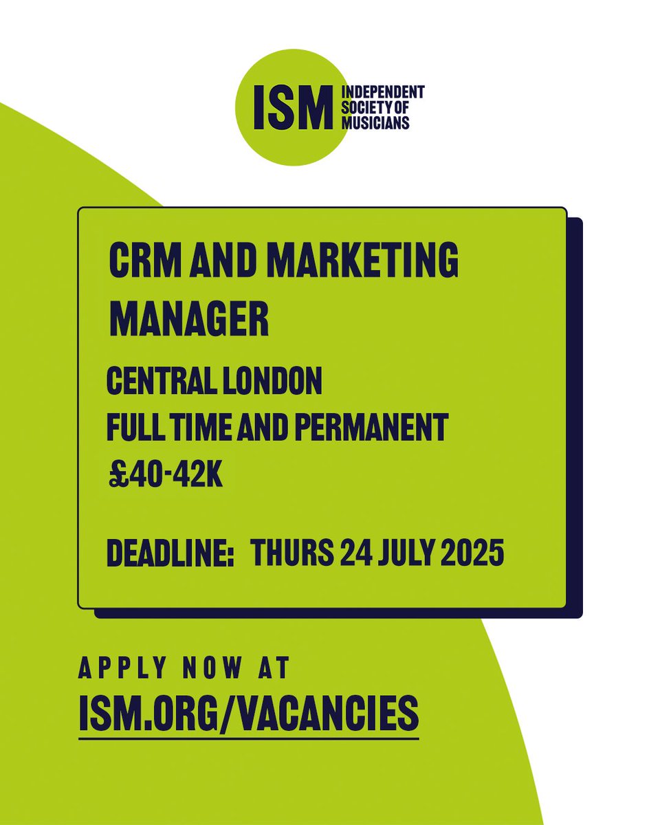 ISM_music's tweet image. 📣 We're hiring a CRM & Marketing Manager!
Do you have a strong understanding of CRM systems? Help to grow our community through targeted, data-driven campaigns 🚀
Apply today - loom.ly/DXC1fp0 #Hiring #MusicJobs