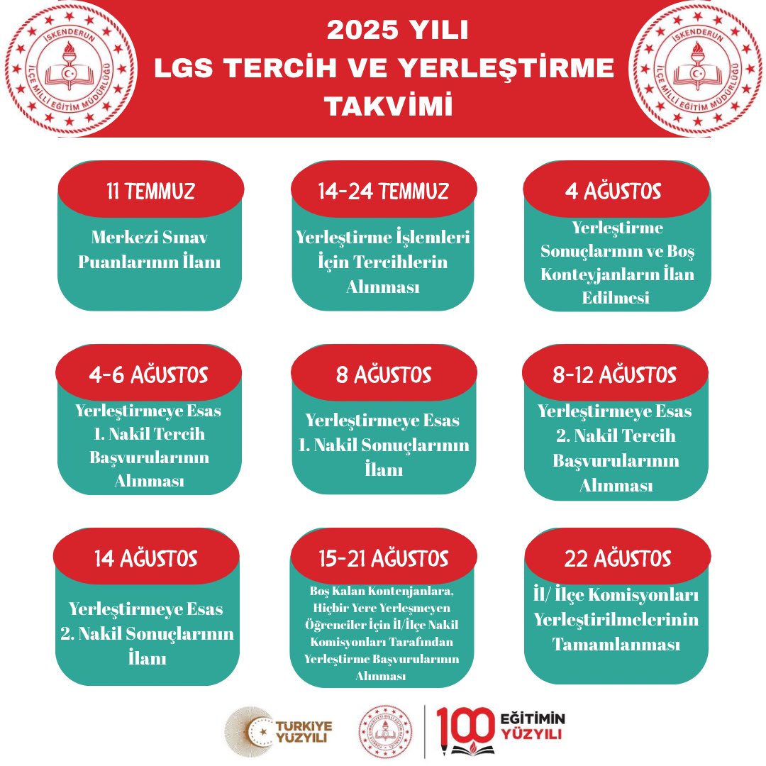 2025 Yılı LGS Tercih ve Yerleştirme Takvimi

#lgstercih