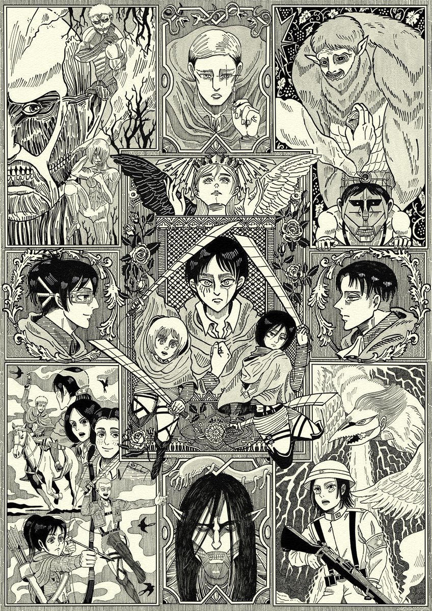 私の愛してやまないAOTの世界を、タペストリーのように一枚の絵として織り上げたくて、祈りとか苦しみとか願いとか焦燥とか、心にわだかまるものすべてを筆に乗せて描きました。いつか森を出られる。いつかきっと。#AOT