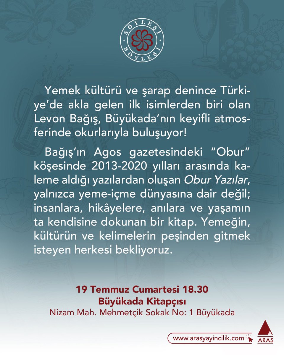 Levon Bağış ile “Obur Yazılar”ı konuşmak üzere Büyükada’da buluşuyoruz! Betül Bakırcı moderatörlüğünde, kitabın ortaya çıkış süreci, yeme-içme kültürüne dair gözlemler ve yazıların ardındaki tatlar üzerine keyifli bir söyleşi sizi bekliyor.