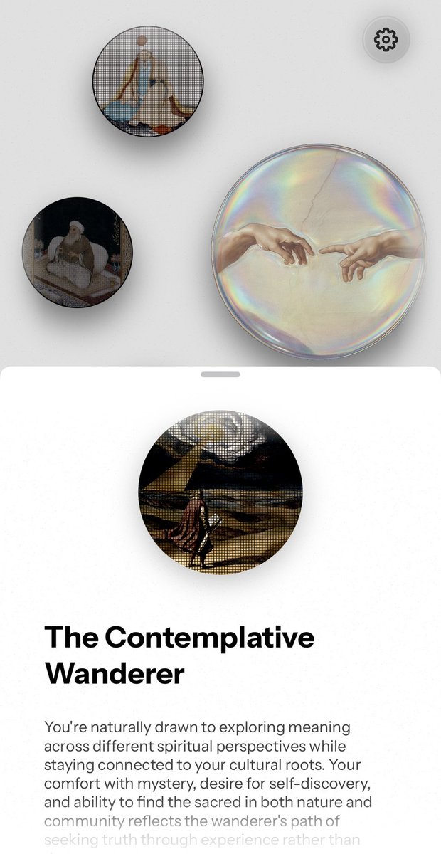 tair's tweet image. finding my faith
i’m a thoughtful wanderer this app says
may sound paradoxical at first but i think it nailed it:
always seek the meaning and inner peace
ping @alec_dilanchian @_jeffreyando to find your spiritual journey, it may surprise you
btw sick onboarding 😇