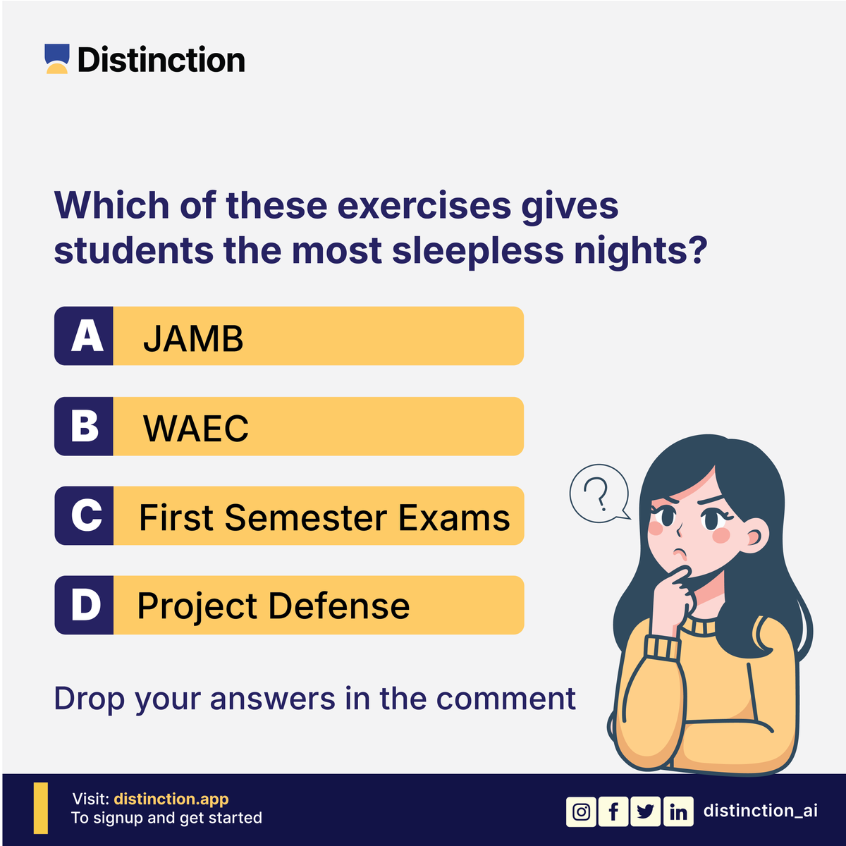 getDistinction's tweet photo. 🤔 Which of these exams gives students the most sleepless nights?
Drop your answer 👇
#Quizathon #Distinction #CampusTalk https://t.co/MMmVuF9RzA