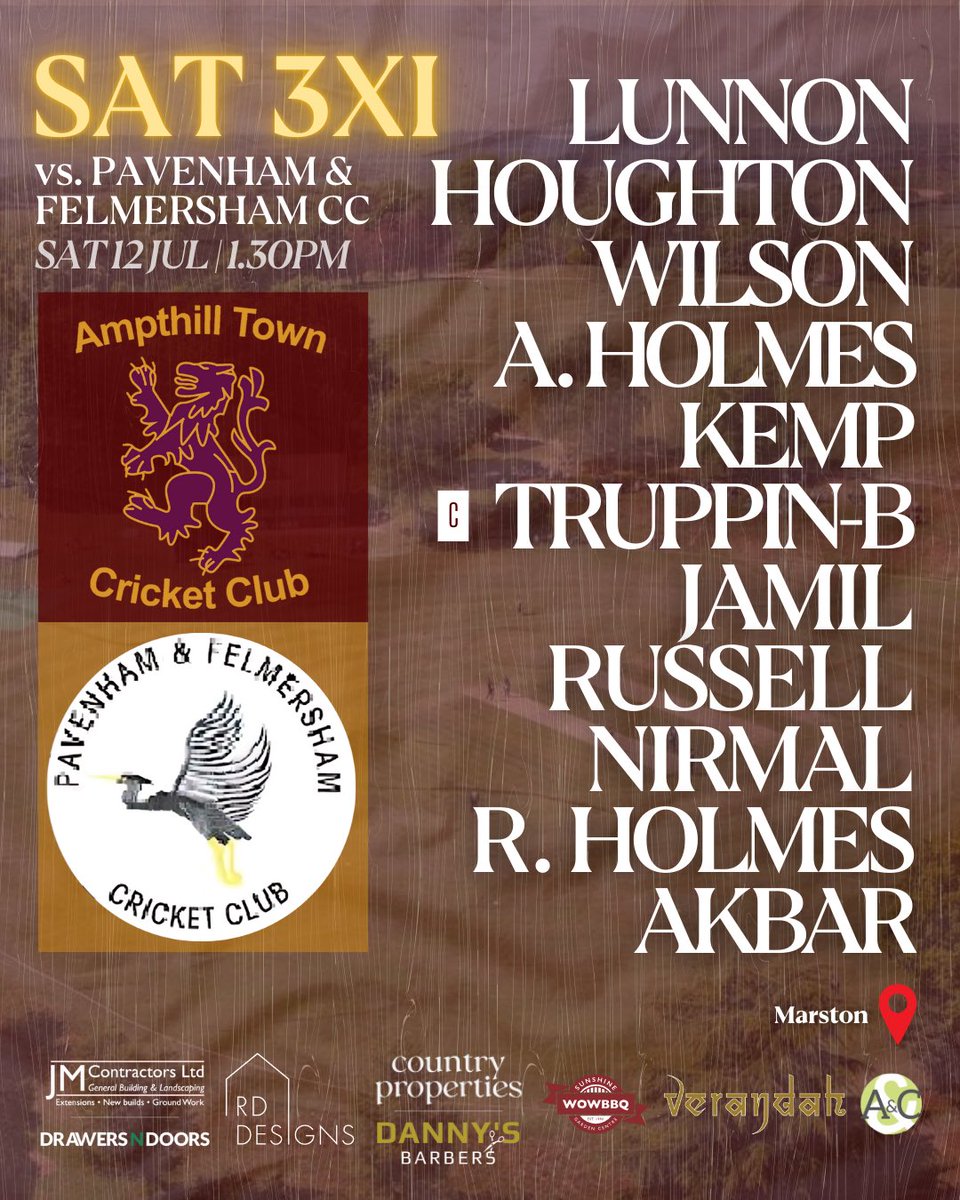 Ampthill Town CC π (@ampthilltowncc) on Twitter photo π SATURDAY SQUADS
Another scorcher of a Saturday as we looking to nail some more points on the board!
1s travel to <a href="/radlettcc/">Radlett Cricket Club</a> 2s βοΈ
2s host <a href="/ChesroseCC/">Cheshunt Rosedale Cricket Club</a> 2s at the Park π
3s host Pavenham & Felmersham CC at Marston π
4s have no fixture
#CantDoEnoughForAGoodClub π SATURDAY SQUADS
Another scorcher of a Saturday as we looking to nail some more points on the board!
1s travel to <a href="/radlettcc/">Radlett Cricket Club</a> 2s βοΈ
2s host <a href="/ChesroseCC/">Cheshunt Rosedale Cricket Club</a> 2s at the Park π
3s host Pavenham & Felmersham CC at Marston π
4s have no fixture
#CantDoEnoughForAGoodClub