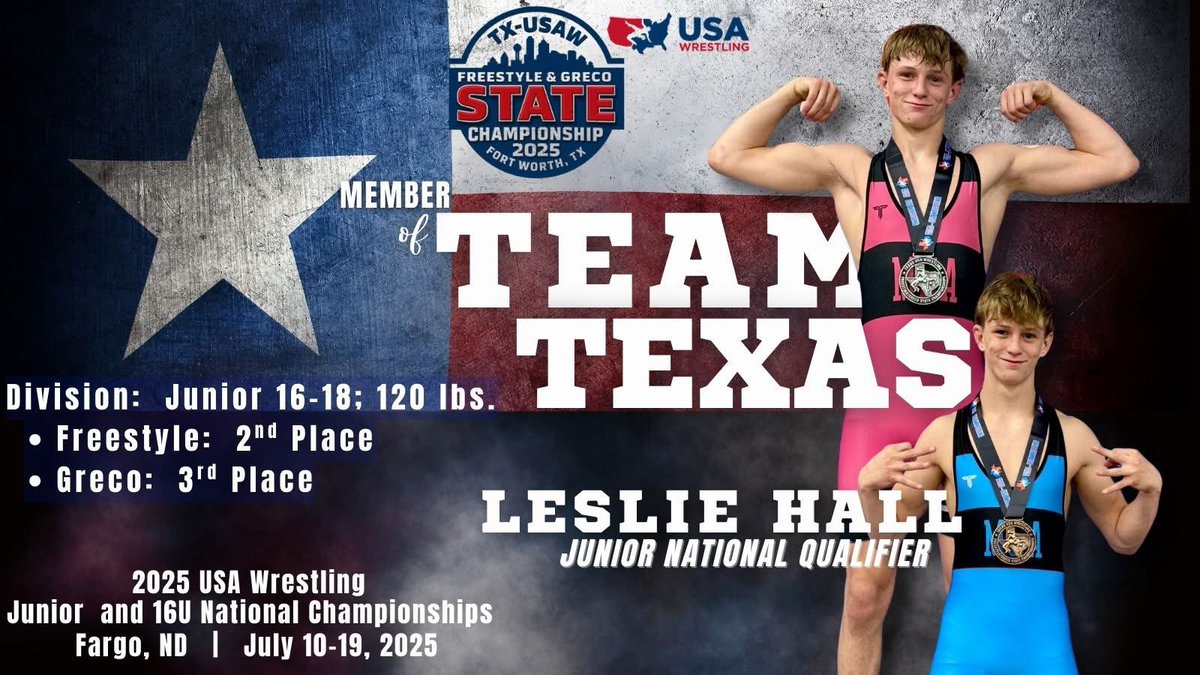 Good luck to CFHS Varsity wrestler Leslie Hall as he travels to Fargo, ND to compete at the USA Wrestling Junior and 16U National Championships. 

Hall is the first 
Fulshear wrestler to ever compete at the national level. 

Go Team Texas! 

#SayUncle  #NOPE #TheChargerWay