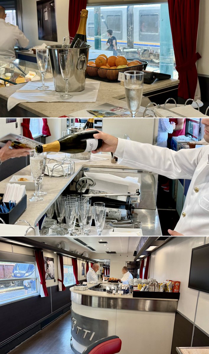 Ventimiglia: arrived on time 0900 after waking up going along the stunning Med coast.
Swapped to an SNCF loco but at 1130 were still in Italy. There's a problem with the brakes of the restaurant car...
🦺 Much activity from SNCF hi-viz. But restaurant still doing its job…🥂🍸🥐
