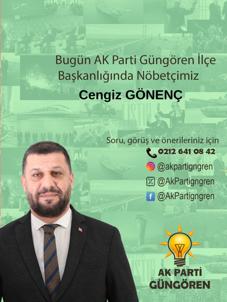 AK Parti Güngören (@akpartigngren) on Twitter photo Güngören İçin;
Bugün AK Parti İlçe Başkanlığımızda Nöbetçimiz
Belediye Meclis Üyemiz
Cengiz GÖNENÇ
Soru, görüş ve önerileriniz için:
📞(0212) 641 08 42
<a href="/abdullahozdemir/">Abdullah Özdemir</a>
<a href="/dvrnyalcinkaya/">Devran YALÇINKAYA 🇹🇷</a> Güngören İçin;
Bugün AK Parti İlçe Başkanlığımızda Nöbetçimiz
Belediye Meclis Üyemiz
Cengiz GÖNENÇ
Soru, görüş ve önerileriniz için:
📞(0212) 641 08 42
<a href="/abdullahozdemir/">Abdullah Özdemir</a>
<a href="/dvrnyalcinkaya/">Devran YALÇINKAYA 🇹🇷</a>
