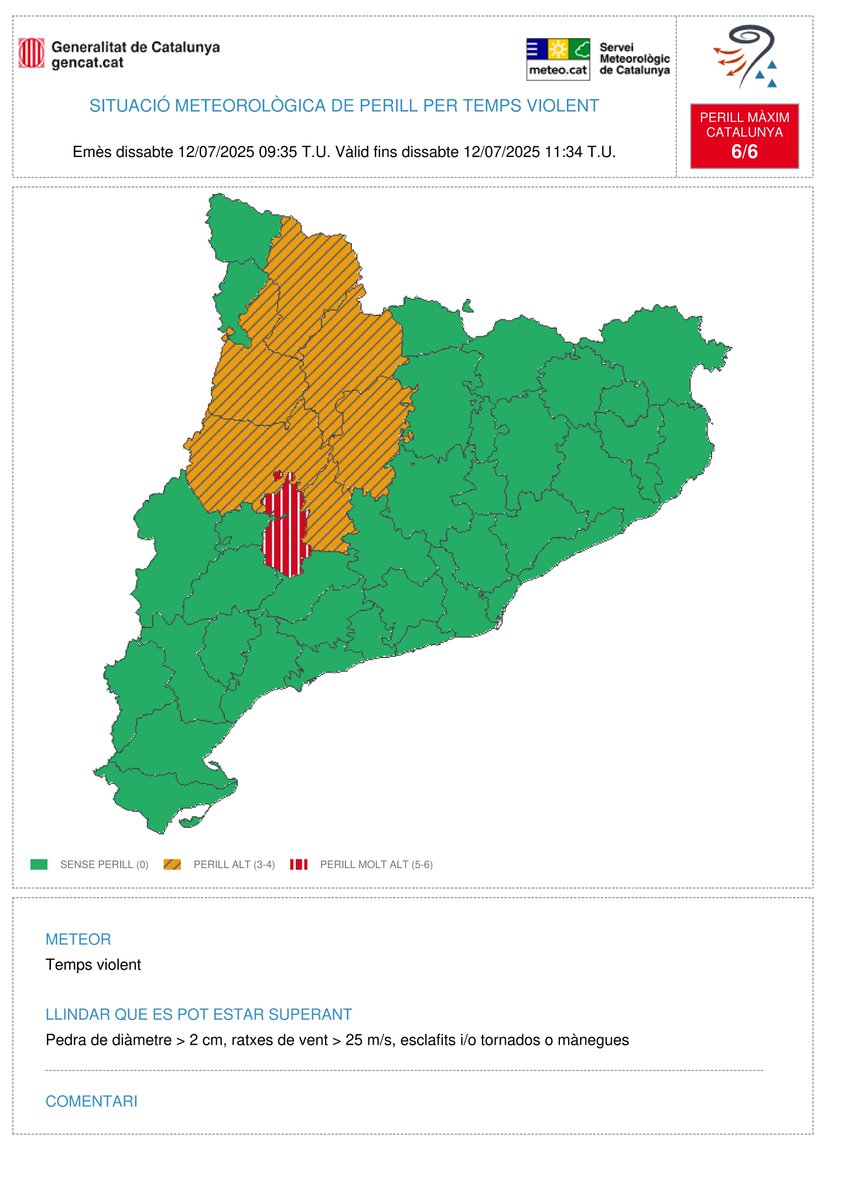 ⚠️ El Servei Meteorològic de Catalunya emet avís per temps violent (#avisosSMP) ⚠️

➡️ Ds. 11:35 - 13:35 h
➡️ Possibilitat de pedra de diàmetre &gt; 2 cm, ratxes de vent &gt; 25 m/s, esclafits i/o tornados o mànegues. 
➡️ Grau de perill màx.  📷 6/6  

⏲️ Hora local (h) = TU+2