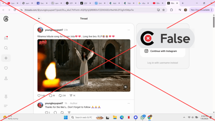 #FACTCHECK: The claim that Rihanna released a new song in tribute to Diogo Jota is FALSE. The video and audio in question are AI-generated and digitally manipulated.
Read more: factcheckhub.com/ai-generated-v…