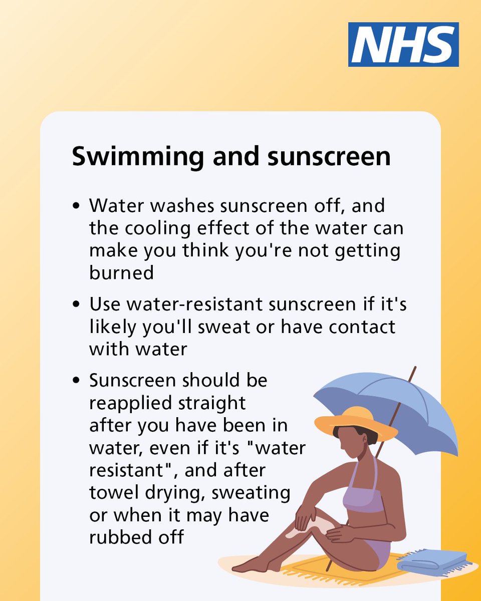 NHSuk's tweet image. Don't forget your sunscreen!
Even if it’s cloudy, UV rays can still cause sunburn.
This advice can help you to stay safe and avoid getting sunburn, reducing your risk of developing skin cancer.
Find out more ➡️ nhs.uk/live-well/seas…