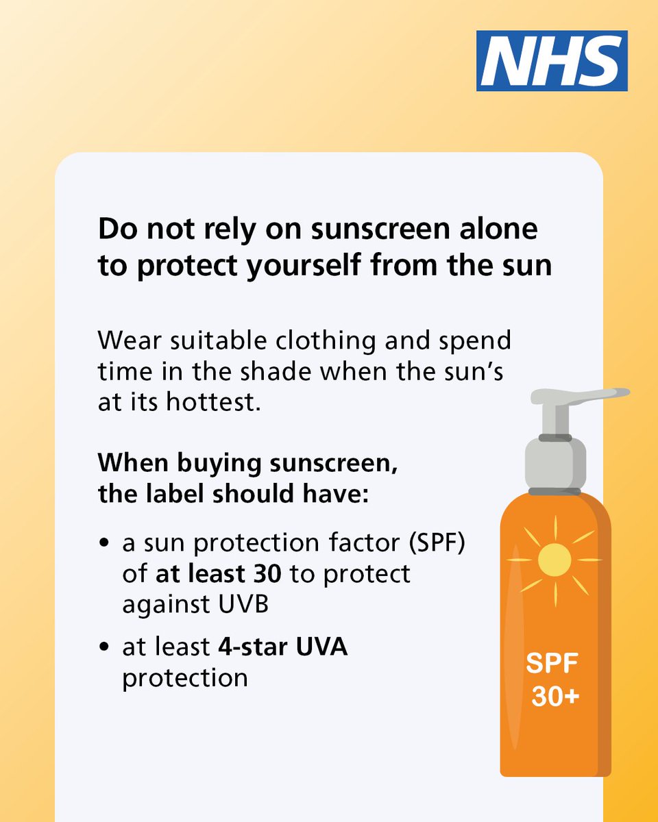 NHSuk's tweet image. Don't forget your sunscreen!
Even if it’s cloudy, UV rays can still cause sunburn.
This advice can help you to stay safe and avoid getting sunburn, reducing your risk of developing skin cancer.
Find out more ➡️ nhs.uk/live-well/seas…