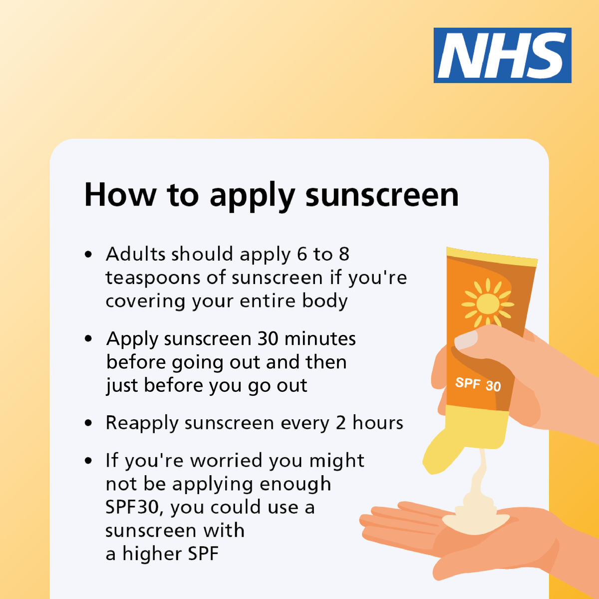 NHSuk's tweet image. Don't forget your sunscreen!
Even if it’s cloudy, UV rays can still cause sunburn.
This advice can help you to stay safe and avoid getting sunburn, reducing your risk of developing skin cancer.
Find out more ➡️ nhs.uk/live-well/seas…