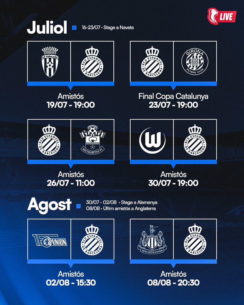 ⚽🏃‍♂️ La nostra pretemporada 2025/26 ja és en marxa.
📲 Tots els partits EN DIRECTE per EspanyolMEDIA!
#RCDE
