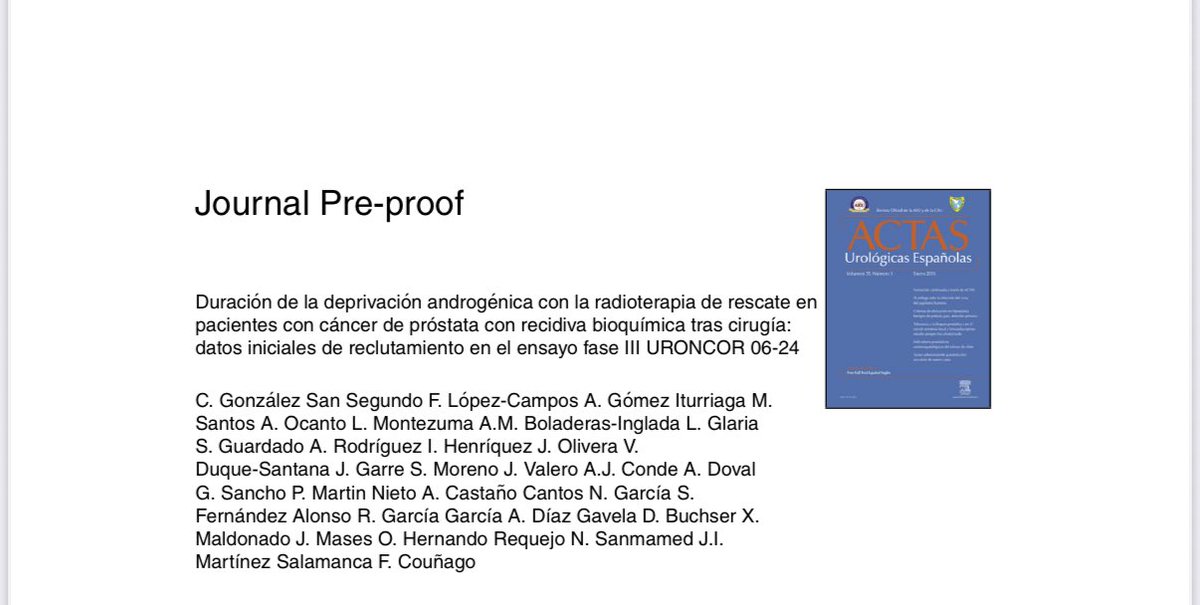 Felipe Couñago PhD (@fcounago) on Twitter photo Just published results from URONCOR 06-24!
A randomized trial on ADT duration with salvage RT in prostatecancer recurrence.
📄122 pts in <a href="/actasurologicas/">actasurologicas</a>
📆 Update with >200 pts at ESTRO 2026!
🙏 Thanks to patients, families, IRAD, SEOR & all teams!
🔗 bit.ly/uroncor122 Just published results from URONCOR 06-24!
A randomized trial on ADT duration with salvage RT in prostatecancer recurrence.
📄122 pts in <a href="/actasurologicas/">actasurologicas</a>
📆 Update with >200 pts at ESTRO 2026!
🙏 Thanks to patients, families, IRAD, SEOR & all teams!
🔗 bit.ly/uroncor122