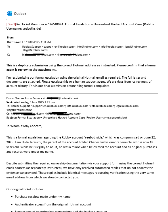 Justinhilly's tweet photo. Despite providing full documentation and contacting Roblox using the correct email, we’ve only received automated replies telling us to repeat the same process.
We are days away from the 30-day lockout.
Roblox username: seebothside
Please help. We’re real people.
@Roblox @RobloxSupport #RobloxSupport #RobloxHelp