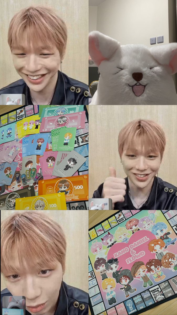 AliceKylo's tweet photo. ❄️: New version monopoly!
🐱: Can you show me.

❄️: I really like your lyrics so I captured some of my favourite lines in the cards &amp; banknotes.
🐱: Can you put it closer.

🐱: You’re very talented. I’m so surprised.

(Moving Dam-Yi’s ears) 🐱: what’s that haha.
#kangdaniel https://t.co/gs2KcSiEOg