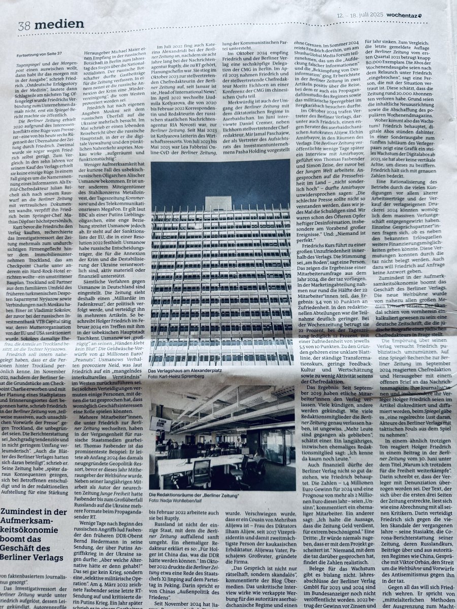 n1ckism's tweet image. die chefredaktion der berliner zeitung wirft der taz “vernichtung”, “kreml-techniken” und einen “zerstörerischen und zersetzenden“ journalismus vor. warum? das findet ihr auf seite 37 und 38 der neuen wochentaz raus in unserer recherche zu holger friedrich