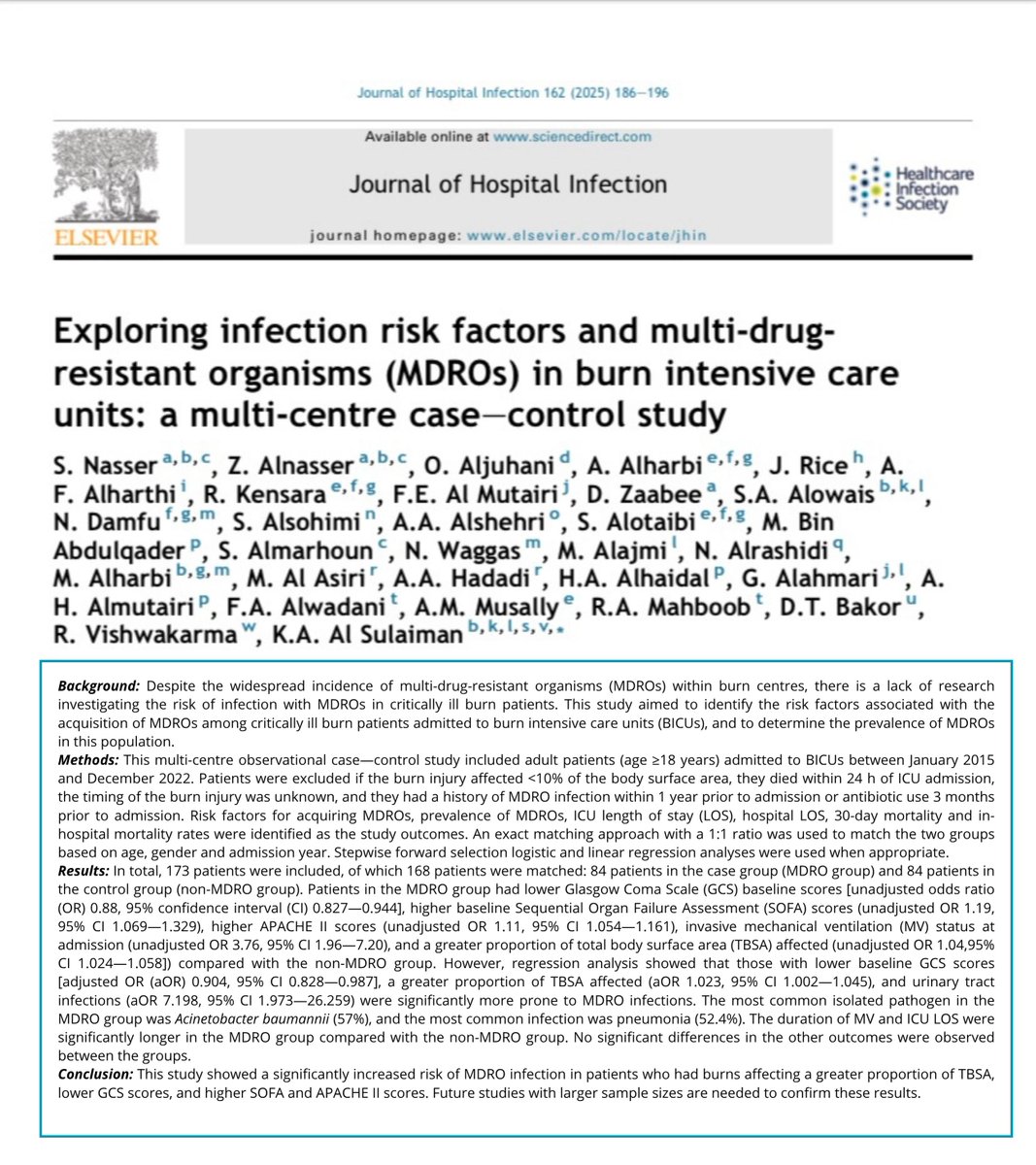 Saudi Critical Care Pharmacy Research (SCAPE) (@scape_platform) on Twitter photo We’re proud to share our other recent publication titled Exploring Infection Risk Factors and Multi-Drug-Resistant Organisms (MDROs) in Burn Intensive Care Units: A Multi-Centre Case–Control Study, led by the Saudi Critical Care Pharmacy Research <a href="/SCAPE_Platform/">Saudi Critical Care Pharmacy Research (SCAPE)</a> under SCAPE We’re proud to share our other recent publication titled Exploring Infection Risk Factors and Multi-Drug-Resistant Organisms (MDROs) in Burn Intensive Care Units: A Multi-Centre Case–Control Study, led by the Saudi Critical Care Pharmacy Research <a href="/SCAPE_Platform/">Saudi Critical Care Pharmacy Research (SCAPE)</a> under SCAPE
