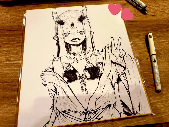 夏コミ用の色紙線画でーけた╰(*'︶`*)╯アナログたのしー
