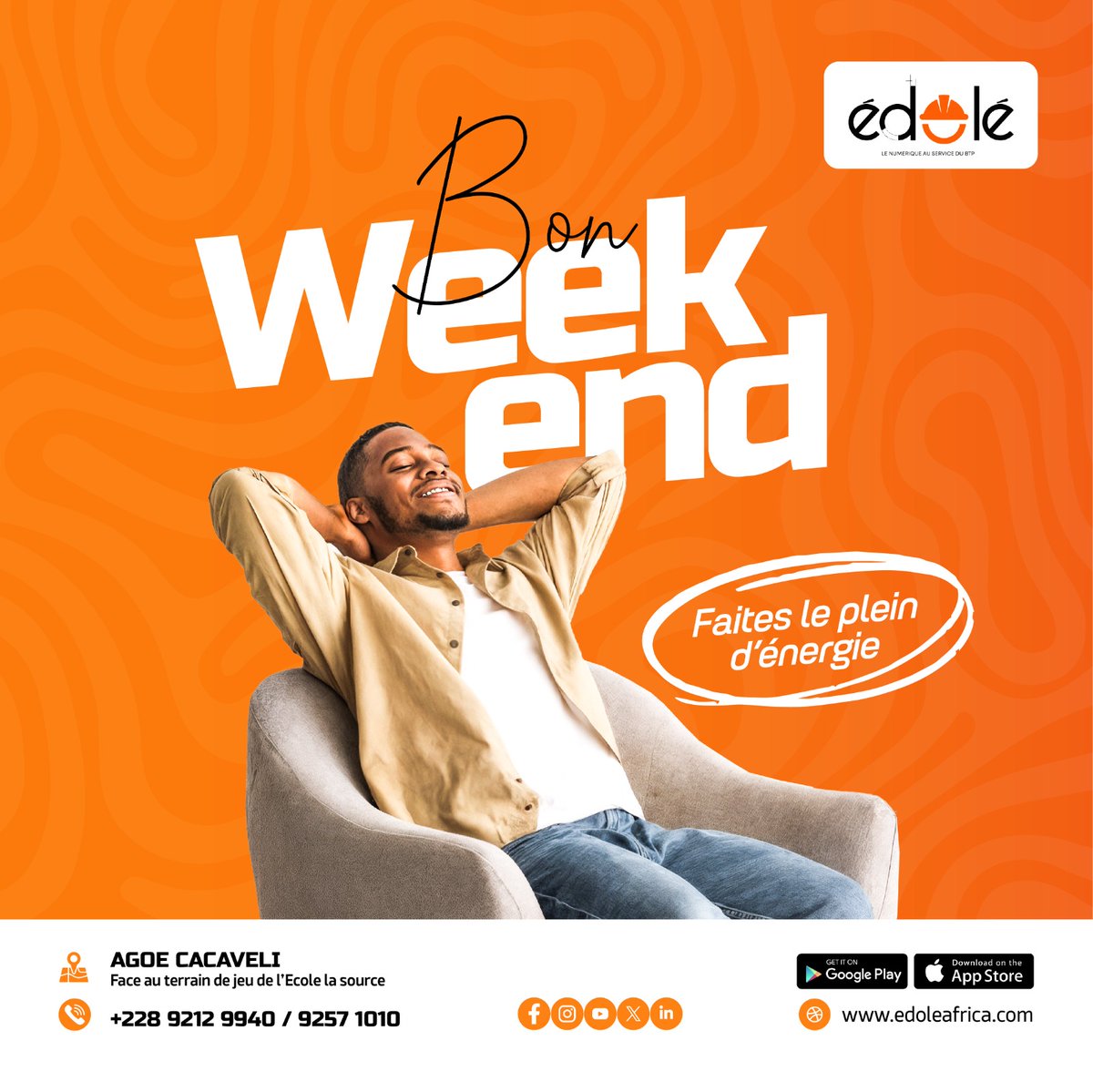 EXCELLENT WEEKEND 
Après une longue semaine, place au #repos.
Le temps de souffler un peu mais sans baisser la garde.
Sortez couvert, restez prudents, et surtout : prenez soin de vous.

Edole Africa le numérique au service du BTP !

#EdoleAfrica #weekendvibes #detenteetbienetre