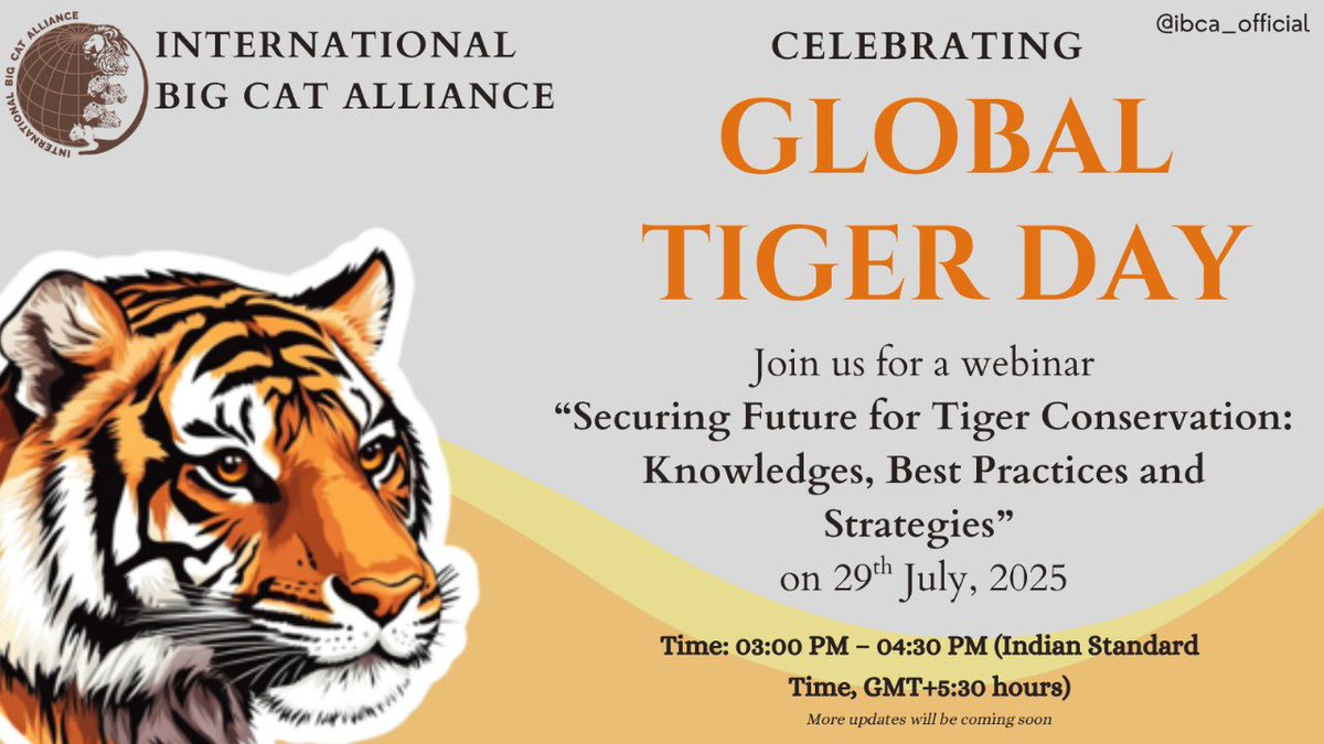 IBCA_official's tweet image. 🐯 Mark your calendar this #GlobalTigerDay!
Join #IBCA for a webinar on Securing the Future of Tiger Conservation.
A focused dialogue on knowledge exchange, proven practices, and forward-thinking strategies to ensure a thriving future for tigers.
🗓️: 29th July 2025
🕛: 3:00…