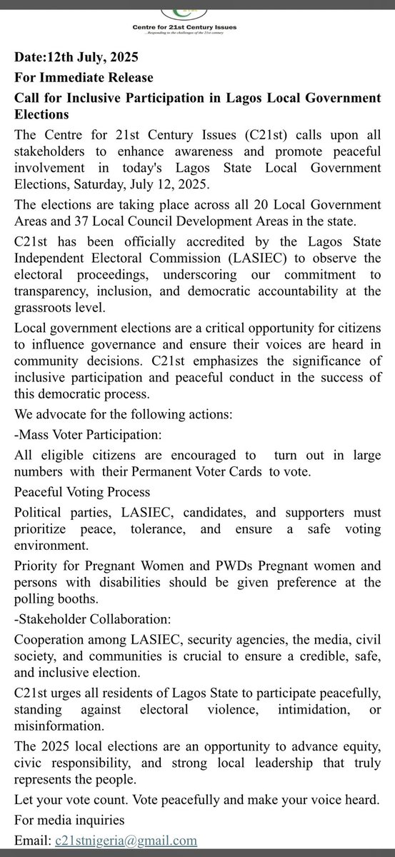 PRESS RELEASE 

12th July, 2025

CALL FOR INCLUSIVE PARTICIPATION IN LAGOS LOCAL GOVERNMENT ELECTIONS