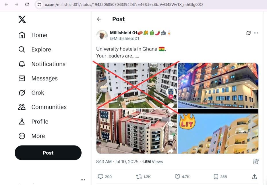#FACTCHECK: The claim that four images show hostels from universities in Ghana is half- true; while three of the images accurately depict student hostels, one of the images was misattributed, it shows Gallery Apartments, a luxury residential building in Accra, Ghana, and not a
