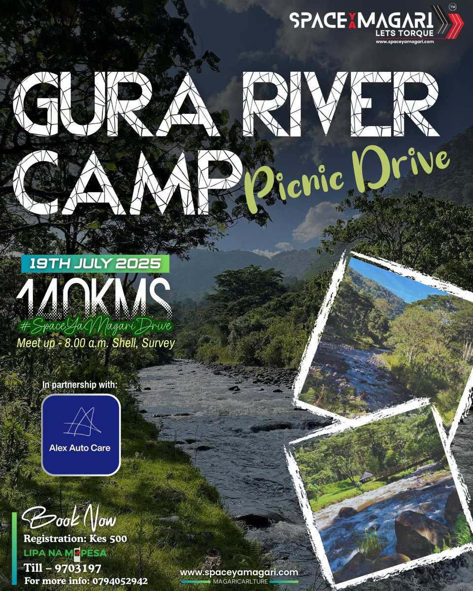 Here we go! 🏕️
Join us next Saturday, 19th July for a rustic, riverside escape perfect for families, pet owners, hikers, bikers. 

Registration: Ksh 500. 
Entrance charges: Ksh 1,000 (Payable at camp)
Meet up: 8:00Am, Shell Survey Thika Rd.

#SpaceYaMagariDrive