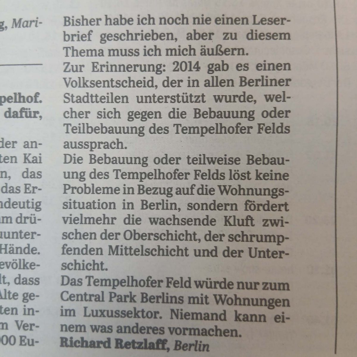 GregorEngels's tweet photo. Das #TempelhoferFeld lässt zur #Feder greifen. Dort #finden sich auch #Federn genug, u.a. von Eulen und anderen #Tieren mit #Argusaugen.
#thfbleibt #randhalten
#TSP #Tagessspiegel # #Bebauung #Luxussektor #keineProblemlösung #Volksentscheid
Der #erste #Leserbrief: https://t.co/WQK2ZQl8RB