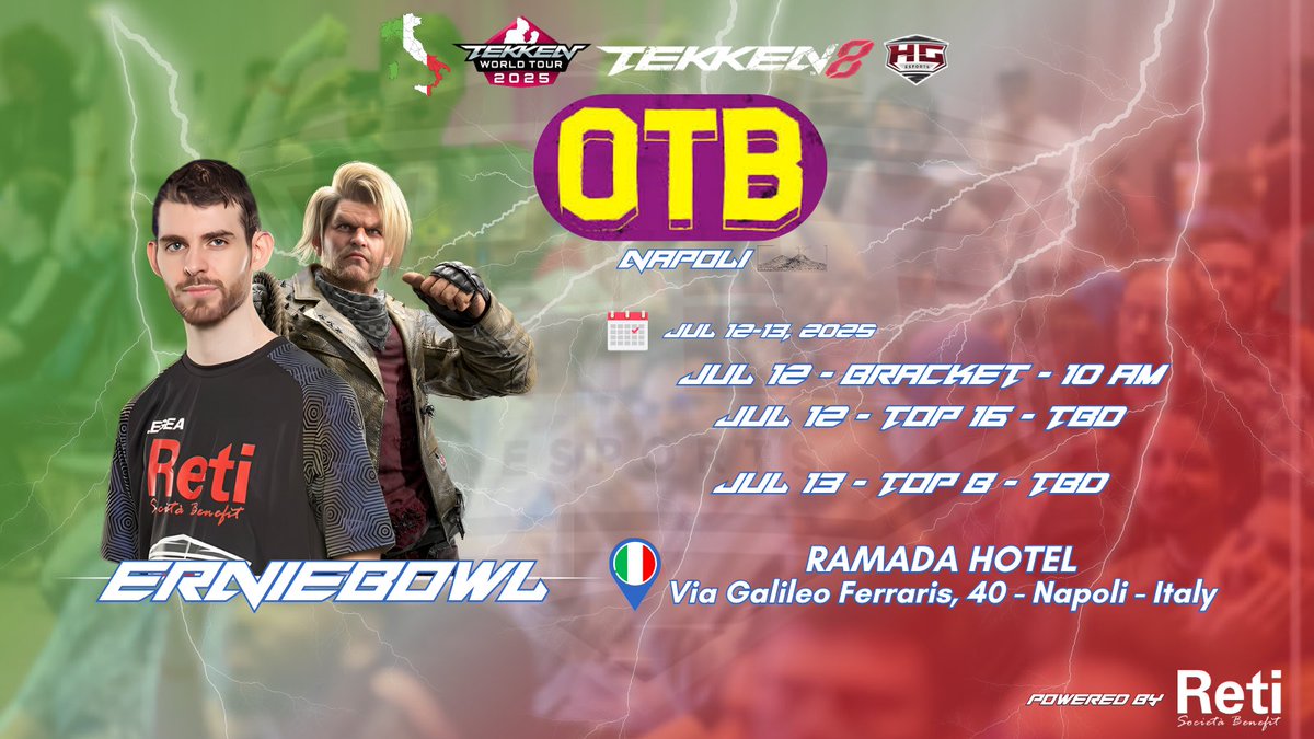 HG Esports (@hgesportsasd) on Twitter photo 🎮🔥Sotto il sole di Napoli, due giorni di gare dell’Only the Best, tappa valida per il Tekken World Tour 2025 con il nostro <a href="/erniebowl/">HG | ErnieBowl</a>.
In grafica le info dell'evento:
#HGEsports #OTBNapoli #Tekken8 #TekkenWorldTour2025 #Erniebowl #CanYouStopTheHurricane 🎮🔥Sotto il sole di Napoli, due giorni di gare dell’Only the Best, tappa valida per il Tekken World Tour 2025 con il nostro <a href="/erniebowl/">HG | ErnieBowl</a>.
In grafica le info dell'evento:
#HGEsports #OTBNapoli #Tekken8 #TekkenWorldTour2025 #Erniebowl #CanYouStopTheHurricane