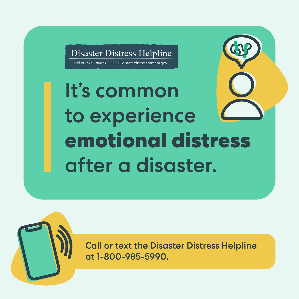 988Lifeline's tweet image. Have you heard of the national @Distressline? The DDH is the nation's 24/7 hotline for anyone experiencing emotional distress related to natural or human-caused disasters. Call or text 1-800-985-5990 or visit disasterdistress.samhsa.gov to learn more.