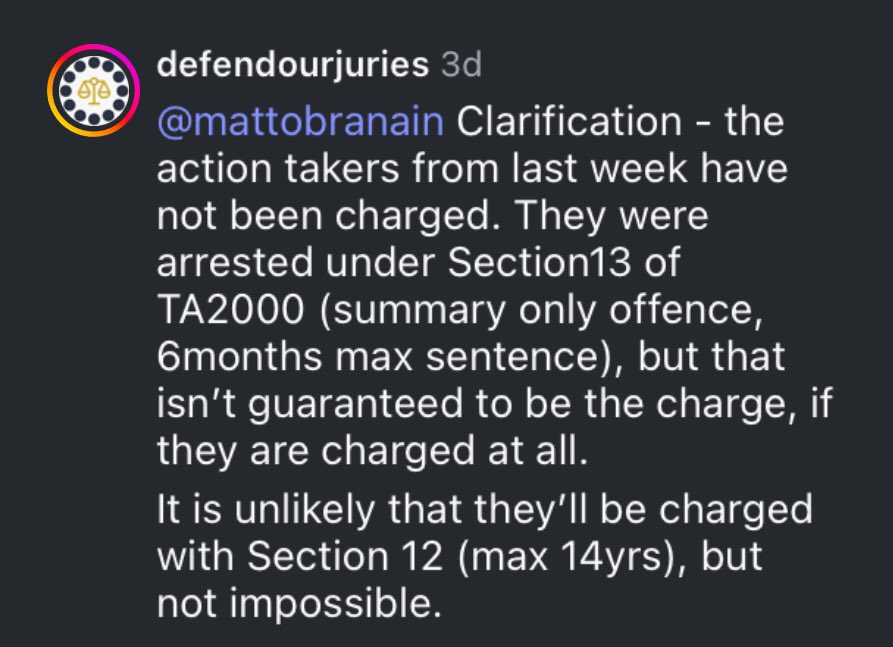 MattOBranain's tweet photo. @CraigMurrayOrg This is the latest info I’ve seen from @DefendourJuries. No charges yet.
Even an alleged organiser of the action was only arrested under the lesser provision.
They don’t have enough jail cells. #ImSpartacus https://t.co/VmyViYHYwt