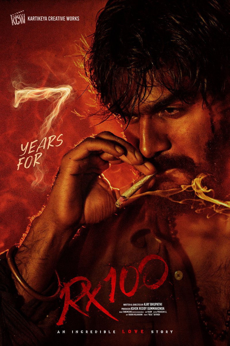 Celebrating 7 glorious years of Honest storytelling &amp; Cult response to Trendsetter Blockbuster #RX100 🤩

#7YearsForRX100 🏍️🔥

<a href="/ActorKartikeya/">Kartikeya</a> <a href="/DirAjayBhupathi/">Ajay Bhupathi</a> <a href="/starlingpayal/">paayal rajput</a> <a href="/chaitanmusic/">Chaitan Bharadwaj</a> #AshokReddy <a href="/Cinemainmygenes/">Editor PraveenKl</a> <a href="/kcwoffl/">Kartikeya Creative Works</a> <a href="/PulagamOfficial/">Pulagam Chinnarayana</a>