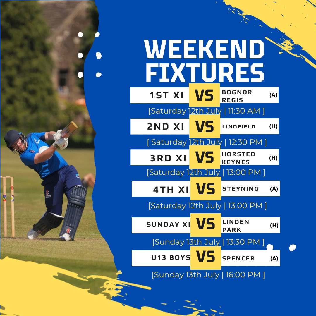 Here are the fixtures this weekend which is going to be a scorcher ☀️

Good luck particularly to the U13s playing in the national cup!🏏