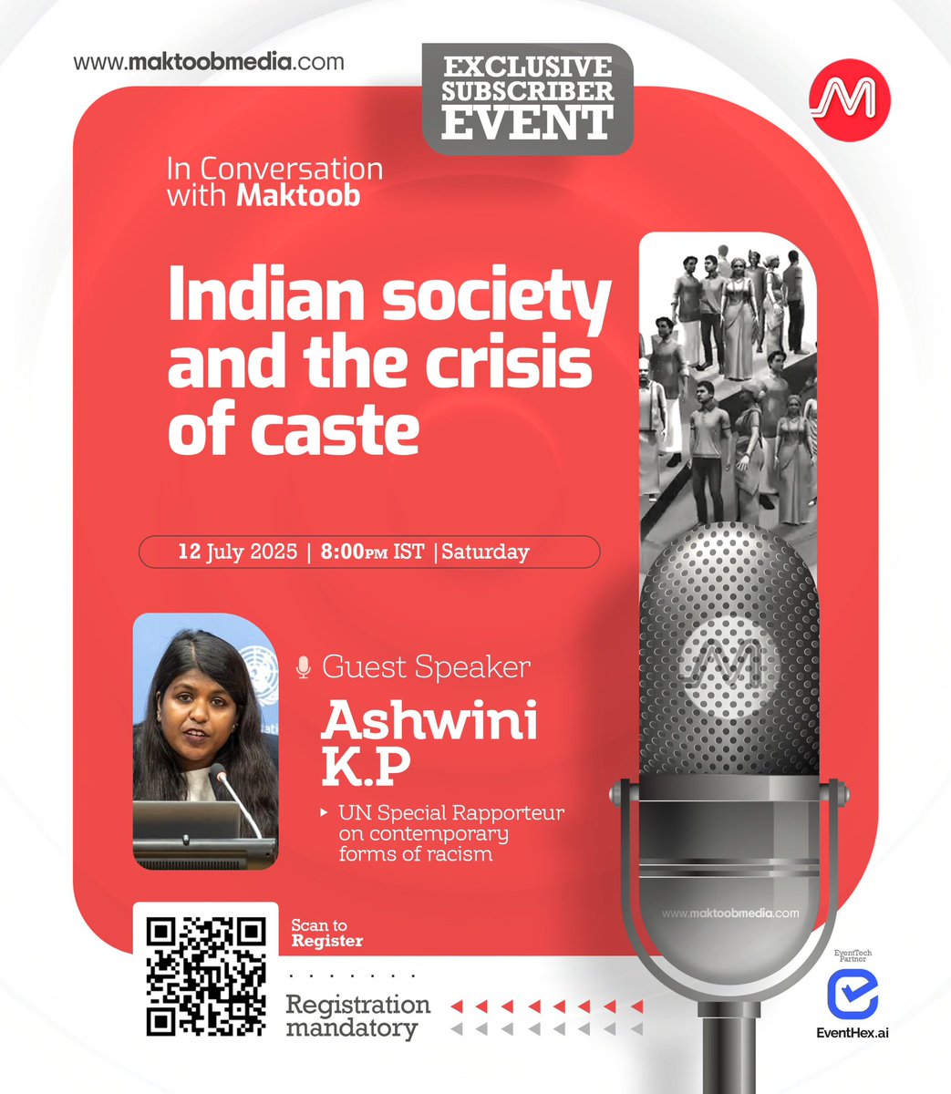 aslahtweets's tweet image. Today 8 PM
In Conversation with @MaktoobMedia
Caste and the crisis of Indian society
Guest speaker: @AshwiniKP_
UN Special Rapporteur on contemporary forms of racism
Register here: me.eventhex.ai