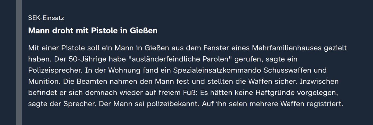 Meldung heute im ZDF. Als auch ziviler Waffenbesitzer lässt mich das sprachlos zurück. Die Leute, die einfach nur auf die Jagd gehen oder im Schützenverein schießen wollen werden drangsaliert und andere "polizeibekannte" Leute können mit ihrer Knarre rumfuchteln wie in Wildwest.