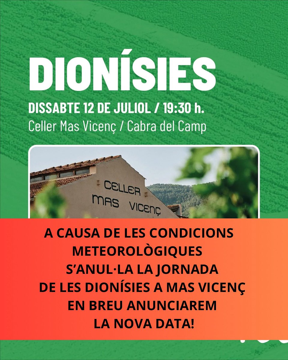 ANUNCIEM QUE DEGUT A LES CONDICIONS METEOROLÒGIQUES QUE S’ESPEREN PER AQUESTA TARDA, HEM DECIDIT ANUL·LAR LA JORNADA D’AVUI A <a href="/Masvicens/">Celler Mas Vicenç 🍷</a> 
EN BREU ANUNCIAREM LA NOVA DATA!
