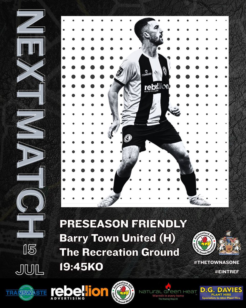 Ammanford AFC (@ammanfordafc) on Twitter photo ⏭️⏭️
Our final preseason fixture takes place on Tuesday as Welsh footballing royalty <a href="/BarryTownUnited/">Barry Town United</a> come to the Recreation Ground.
The draw to win your season ticket takes place at half time!
Kick off is at 19:45
#TheTownAsOne #EinTref ⏭️⏭️
Our final preseason fixture takes place on Tuesday as Welsh footballing royalty <a href="/BarryTownUnited/">Barry Town United</a> come to the Recreation Ground.
The draw to win your season ticket takes place at half time!
Kick off is at 19:45
#TheTownAsOne #EinTref