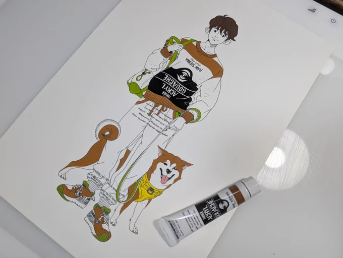 【①ケント紙に鉛筆で下書き②コピックマルチライナーで線画③アクリルガッシュで薄い色から塗る(明度が高いほど透けやすいので先に)④アクリルガッシュで最後に黒を塗り(理由は同上)定着剤をかけて乾いてから最後に再びコピックマルチライナーで消えた線を描く】を絵の具作品ではしてます/
