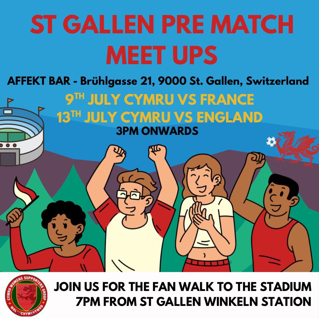 So MD3🥳13/12 - Let's GO Cymru 

12.15 - fan moment with 🏴󠁧󠁢󠁥󠁮󠁧󠁿 fan embassy - St Gallen Cathedral

1.30 - 3pm - fan game🏴󠁧󠁢󠁷󠁬󠁳󠁿 v🏴󠁧󠁢󠁷󠁬󠁳󠁿 - Athletik Zentrum St Gallen

3pm - 6pm - Pre-match meet up 👇🏽

7pm - Fan walk* 
*free buses to fan walk from fan zone (which is right next to Affeckt)